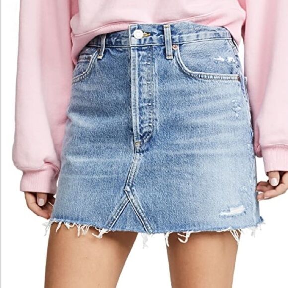 Agolde Quinn High Rise Cut Off Denim Mini Skirt Blue 25 - Picture 5 of 9